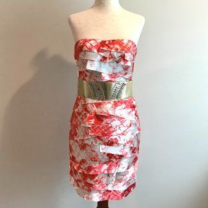 Coral Pink + White Print Strapless Bebe Dress - XS